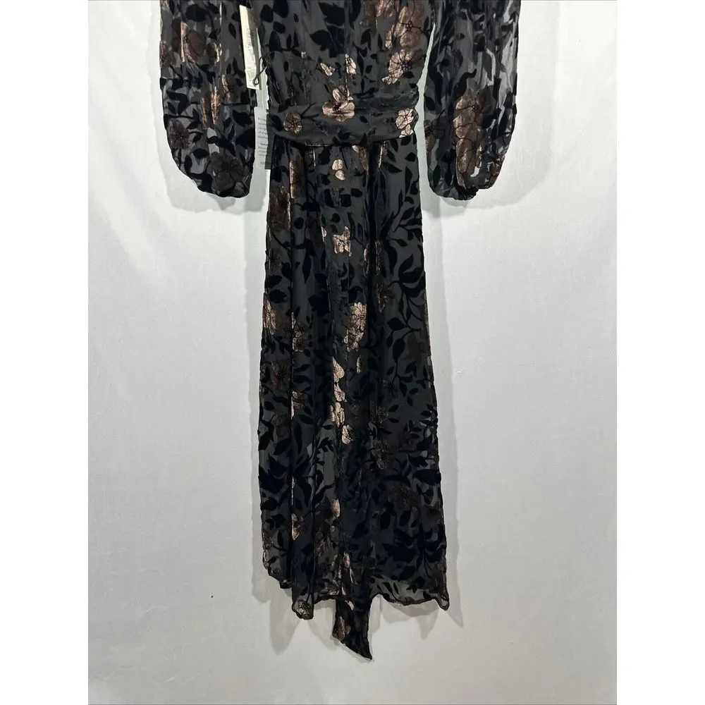 NWT $198 Eliza J [ 0 ] Velvet-Burn Floral Puff Sleeve High Low Dress Black #J238